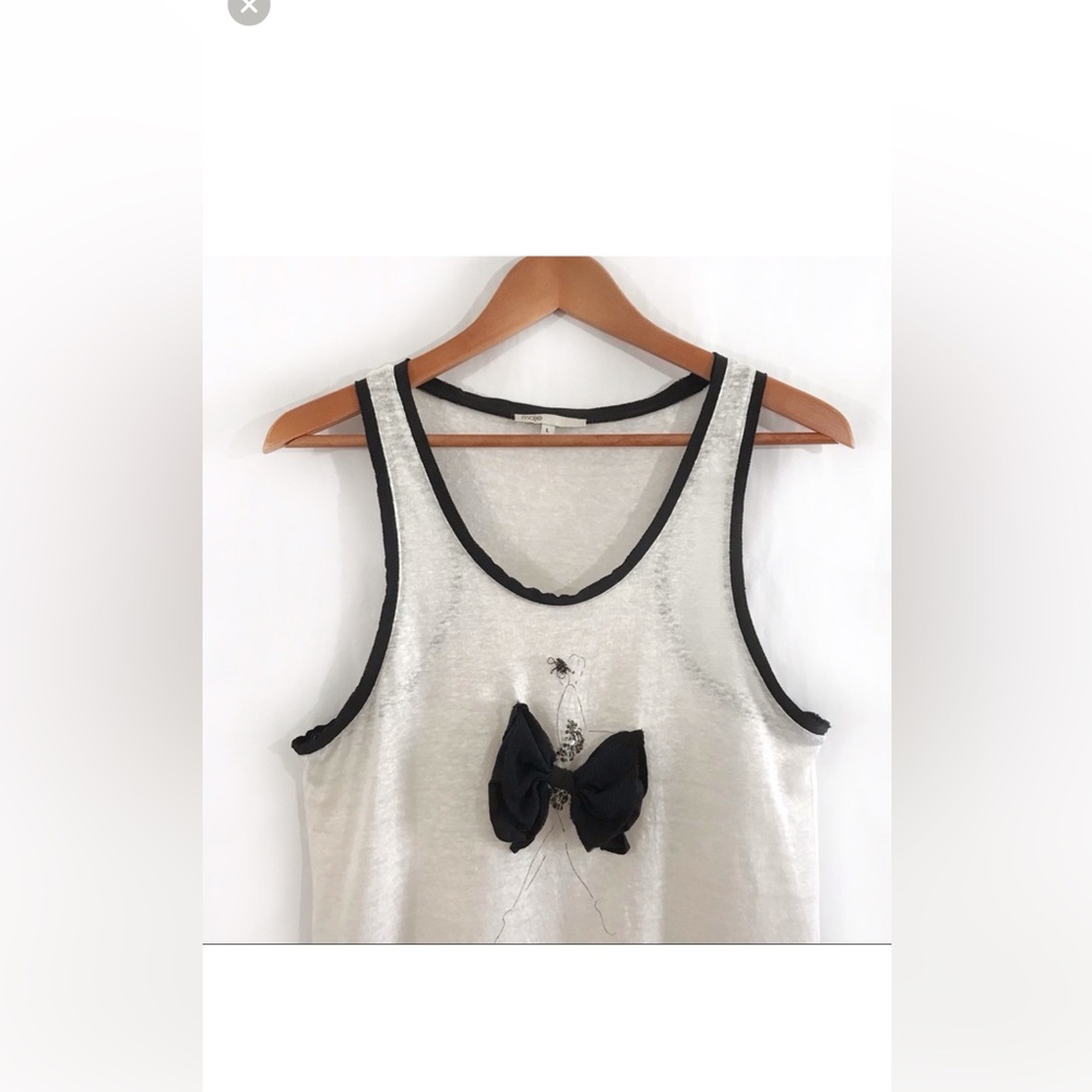 Maje Cream and Black Tank Top with Bow Accent